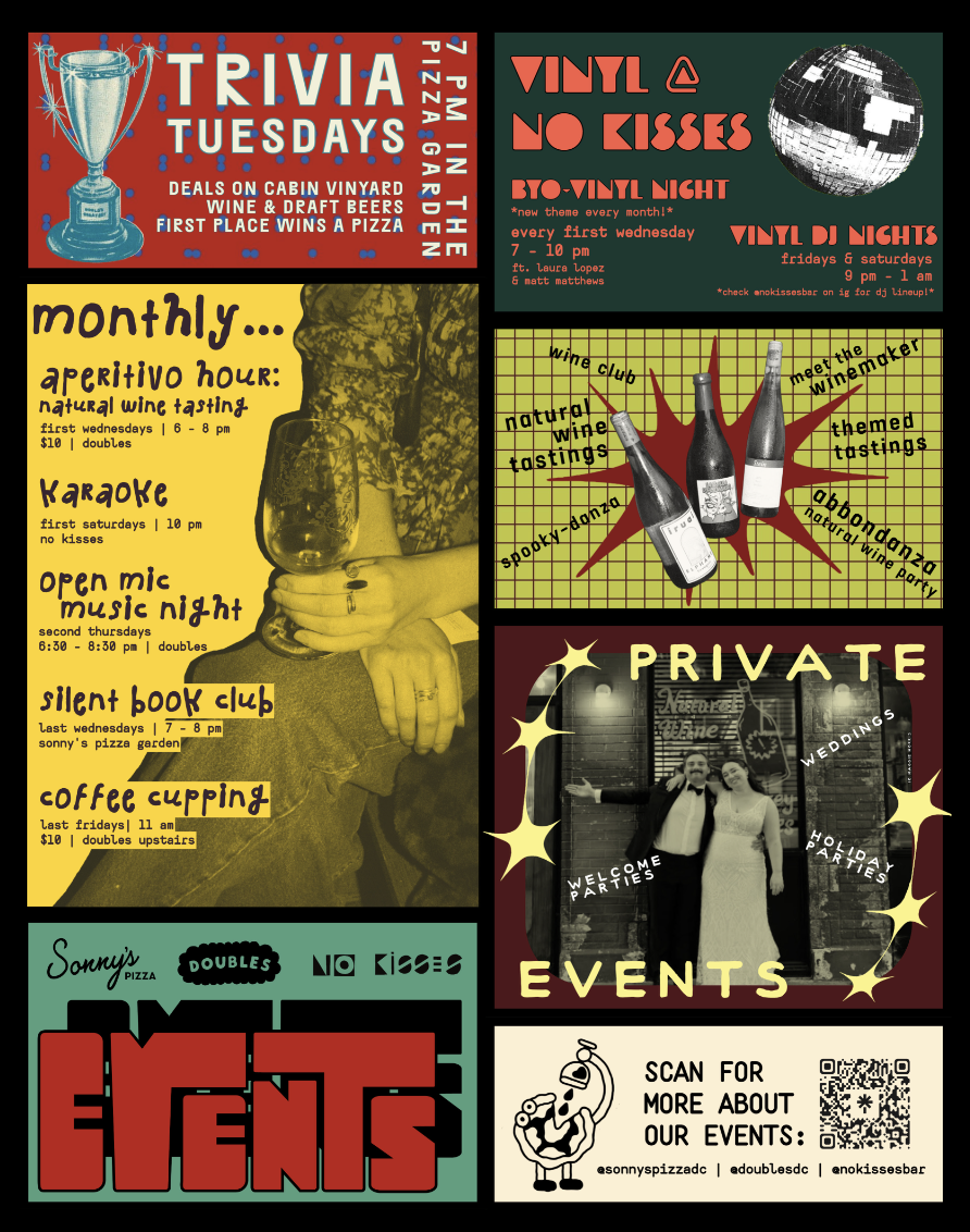 graphic design for 3' by 2' poster promoting Sonny's + No Kisses + Doubles events | August 2026