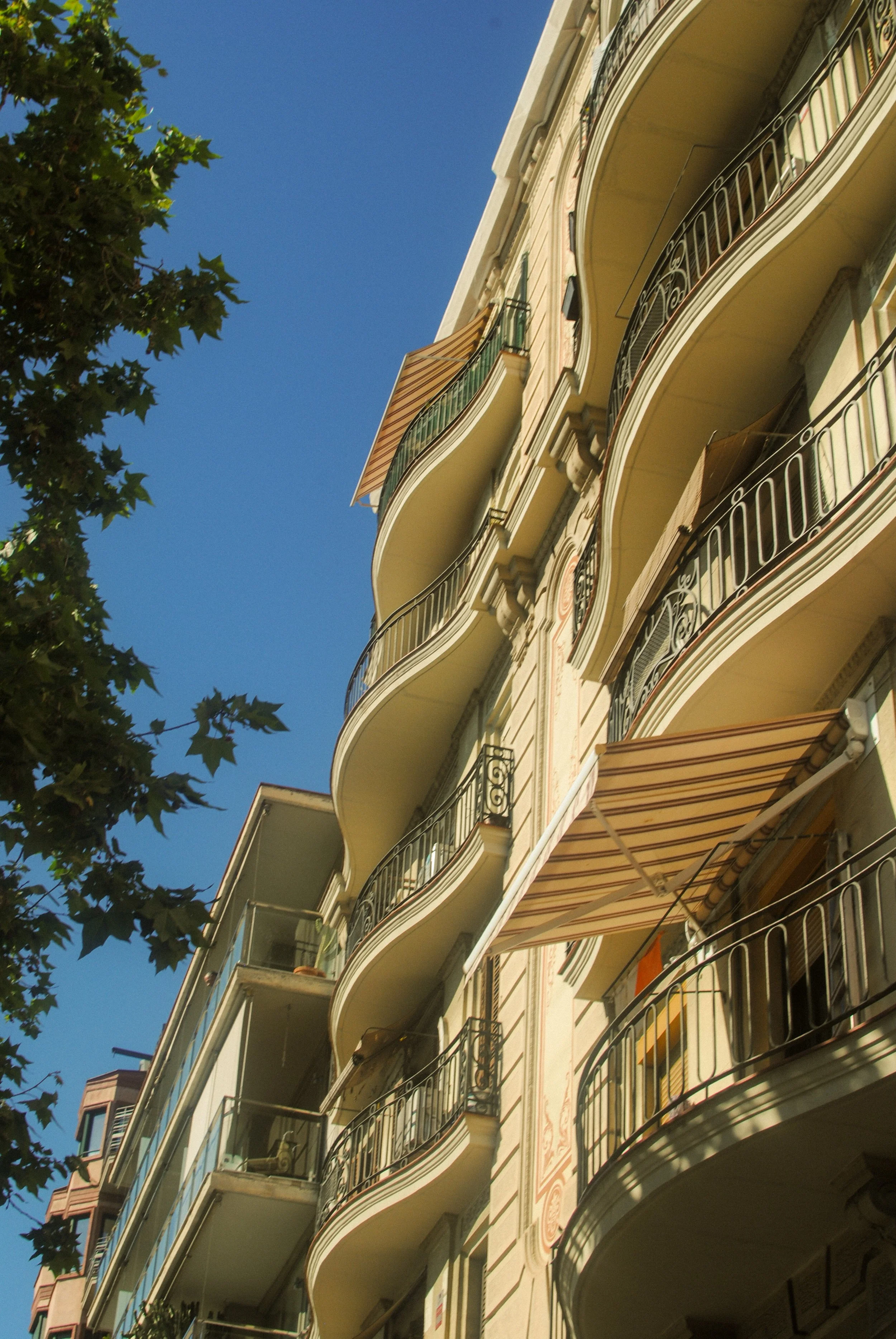 Upward view of a multi-story building with ornate balconies and striped awnings, partially obscured by a tree with green leaves, against a clear blue sky.