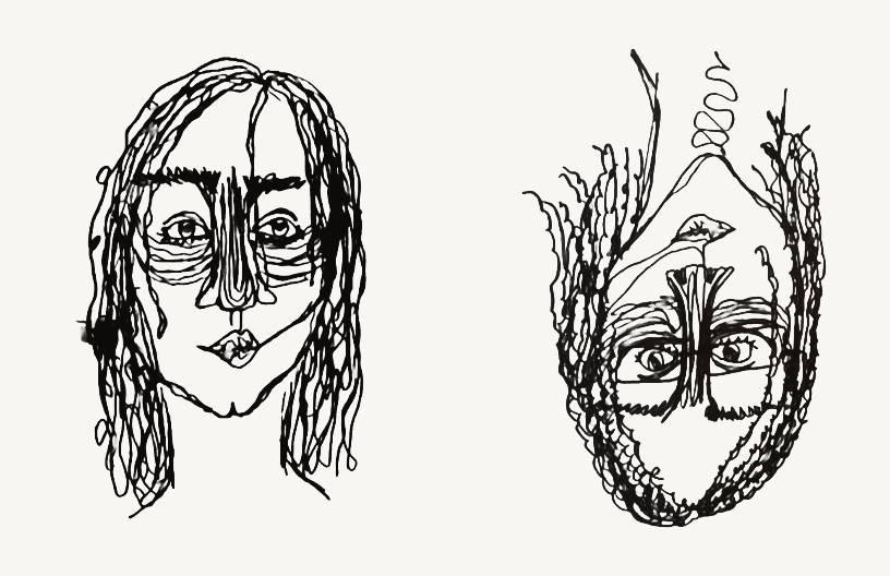 Two abstract line-drawn portraits of women, one upright and one upside down, both with long hair and glasses.