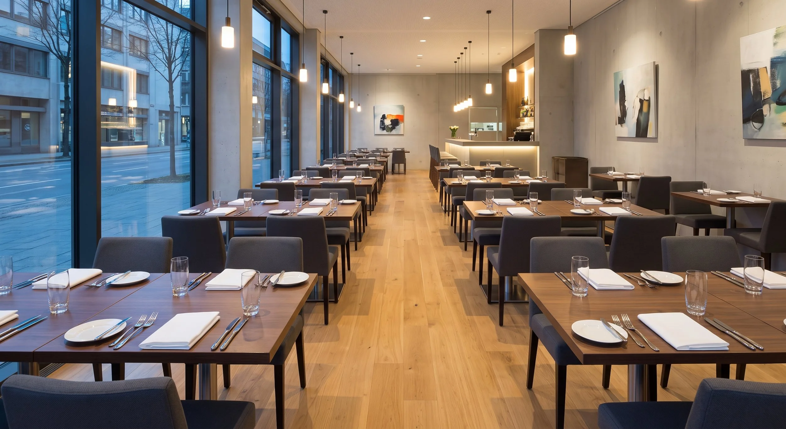 Modern restaurant with large floor-to-ceiling windows, wooden tables set with white napkins, plates, forks, knives, glasses, and cushioned chairs, decorated with artwork on the walls and pendant lighting.