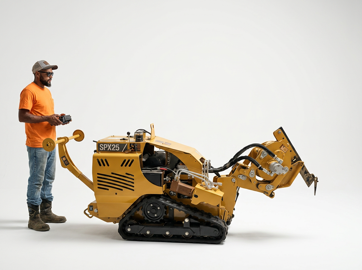 Man in orange t-shirt, jeans, boots, and cap operating a small yellow remote-controlled excavator machine with tracks, in a studio with a plain white background.