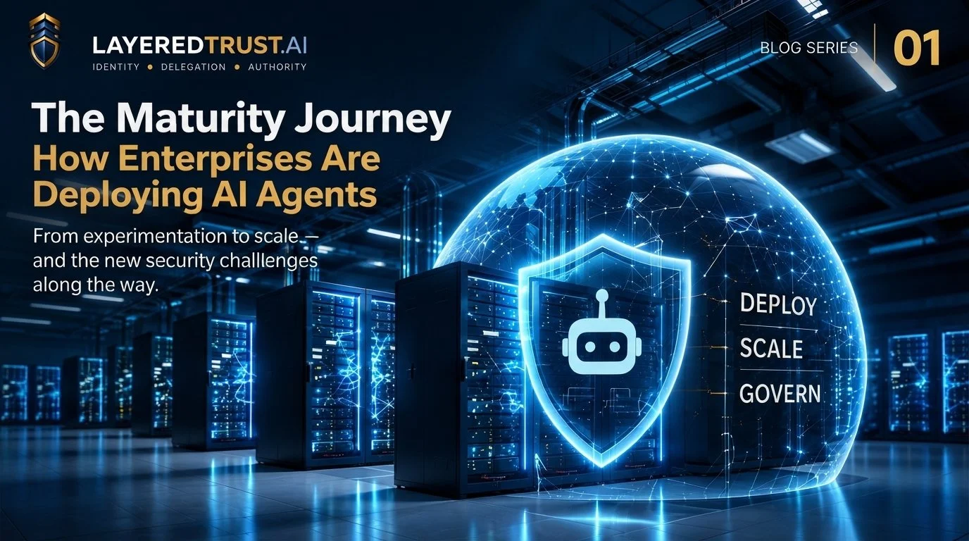 Digital illustration of servers with a glowing globe and a shield with a robot icon, representing AI deployment in enterprise cybersecurity, with text about AI agents and security.