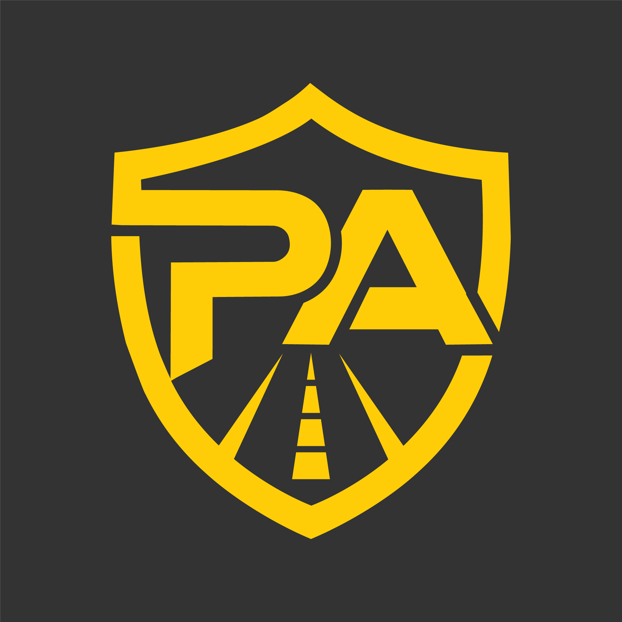 A black background featuring a yellow emblem resembling a shield or badge with a bold, stylized letter 'A' inside, partially visible.