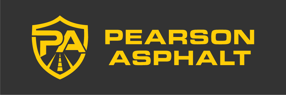 Pearson Asphalt logo with a shield emblem containing the letters PA and a road graphic, on a dark background.