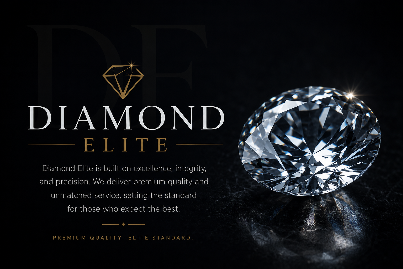 An advertisement for Diamond Elite showcases a large, sparkling diamond on a dark background with the text: 'Diamond Elite is built on excellence, integrity, and precision. We deliver premium quality and unmatched service, setting the standard for those who expect the best.' The Diamond Elite logo features a gold diamond icon above the company name in elegant font, emphasizing luxury and quality.