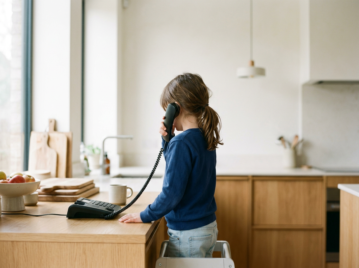 Young girl with brown hair in a ponytail wearing a blue sweatshirt talking on a black corded landline phone in a modern kitchen.