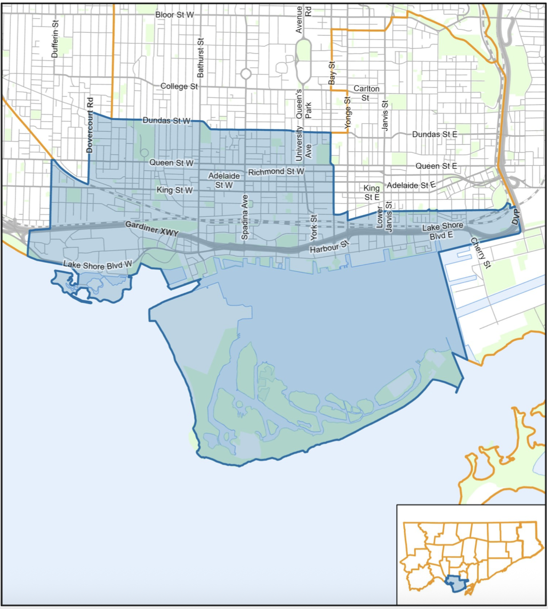 Map of Toronto, Ontario, Canada, highlighting the waterfront and surrounding neighborhoods, with various streets and transportation lines marked, and a small inset map showing Toronto's location within Ontario.