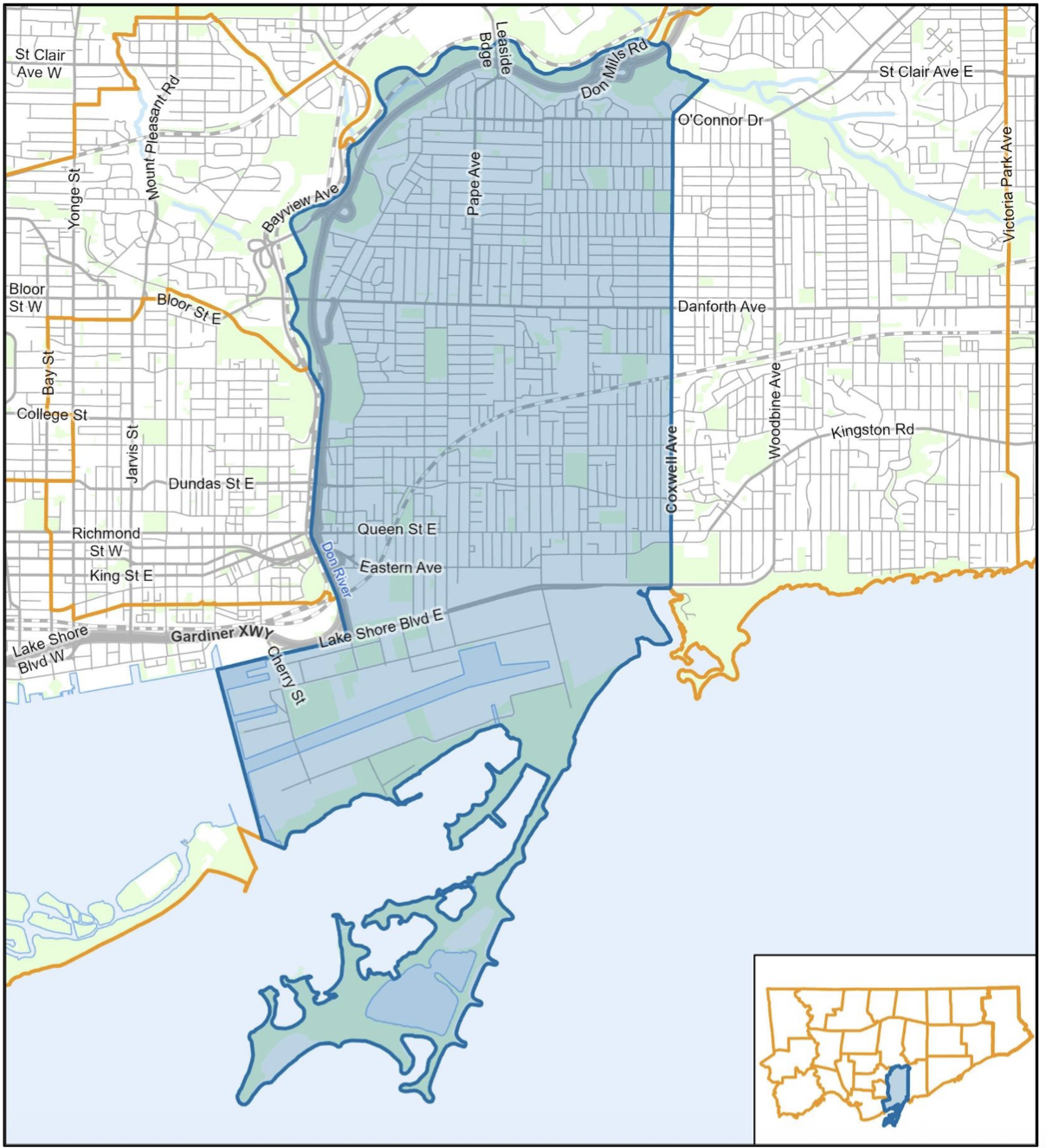 Map of Toronto, Ontario, Canada, showing neighborhoods, streets, and waterways, with the waterfront along Lake Ontario and an inset map highlighting the city's location in Ontario.