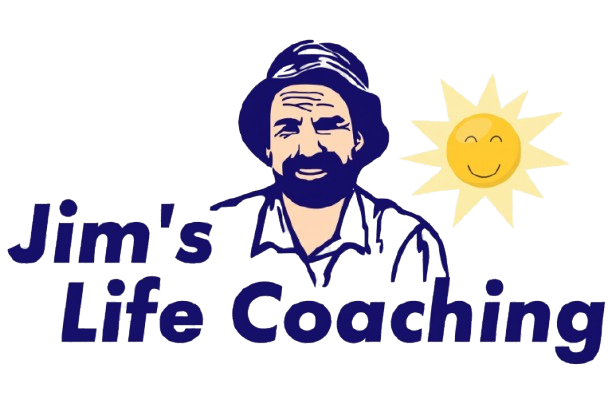 Illustration of a man with a beard wearing a hat and striped shirt, smiling, with a bright yellow smiling sun in the background, and the text "Jim's Life Coaching."