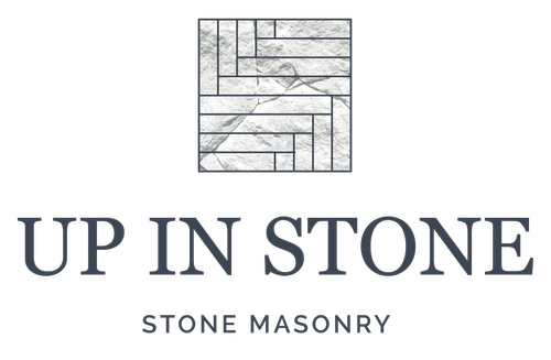 Logo with a brick wall pattern and the words "UP IN STONE" and "STONE MASONRY" underneath.