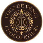 Embroidered logo of Cacao de Venezia Chocolatiers with a cocoa bean design and gold text on a brown background.