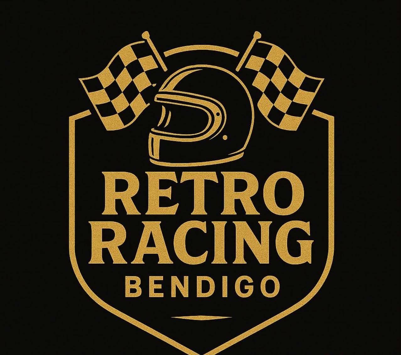 Gold logo for Retro Racing Bendigo featuring a racing helmet, two checkered flags, and the text 'Retro Racing Bendigo' on a black background.