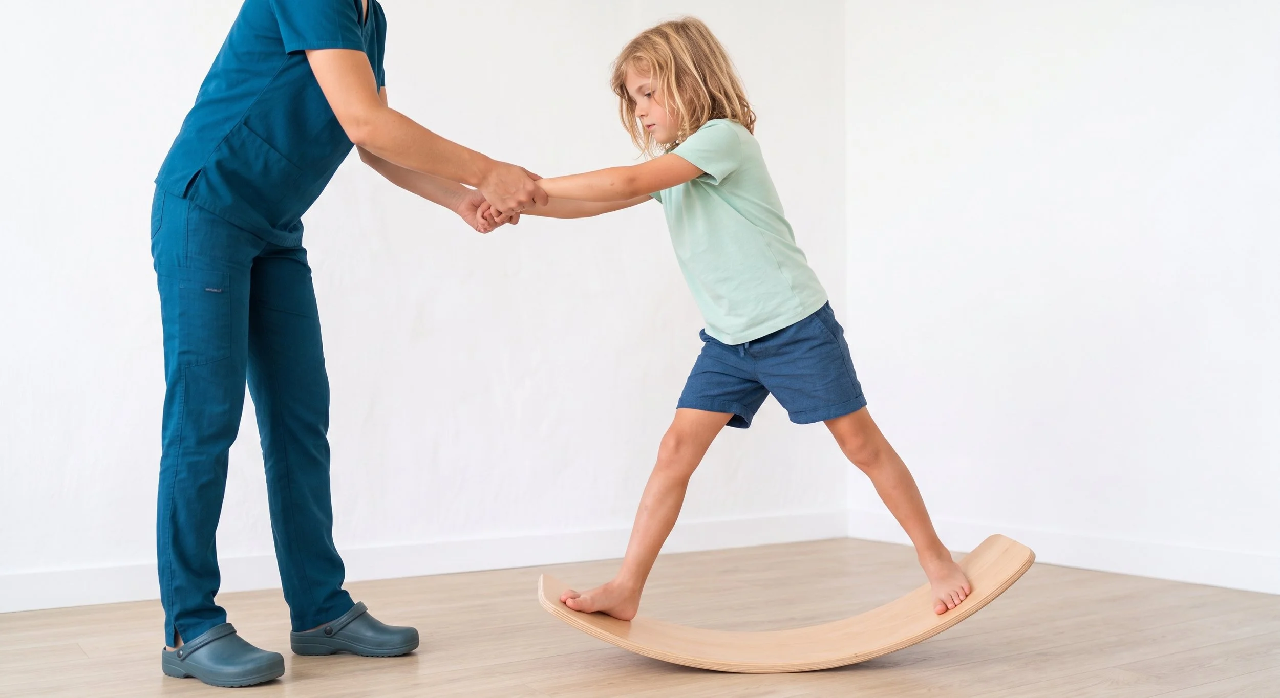A young boy balancing on a curved wooden board with his arms extended, assisted by an adult occupational therapist holding her hands.