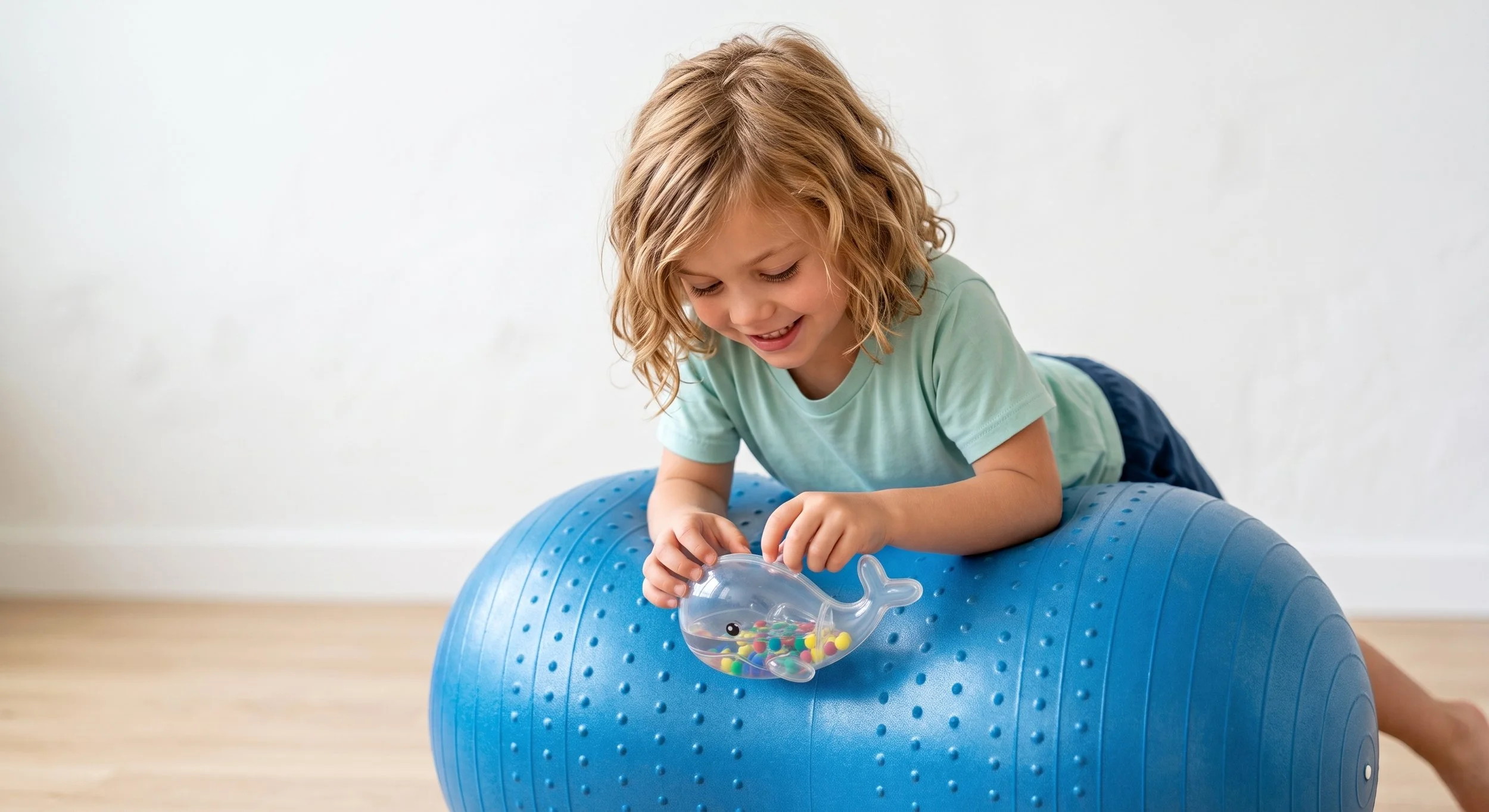 A young girl with curly blonde hair smiling and playing on a blue exercise ball, holding a whale-shaped container filled with small colorful balls in occupational therapy
