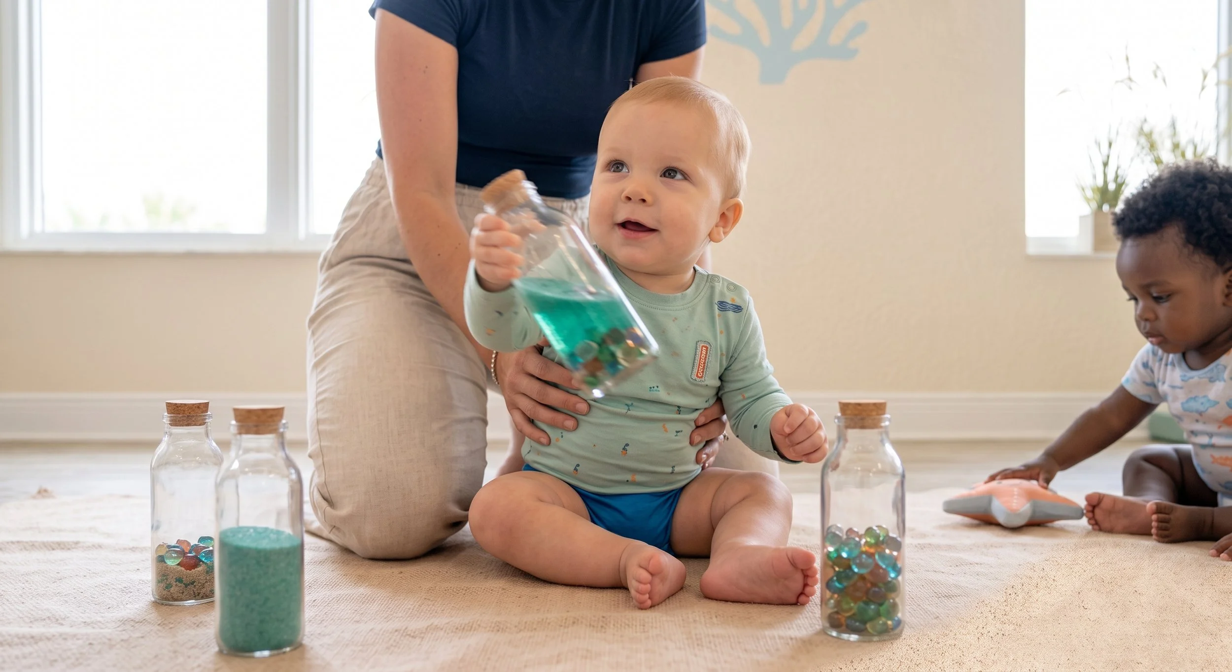 Young child sitting on the floor holding a glass jar filled with marbles, surrounded by other glass jars with colorful contents, with two other children in the background.