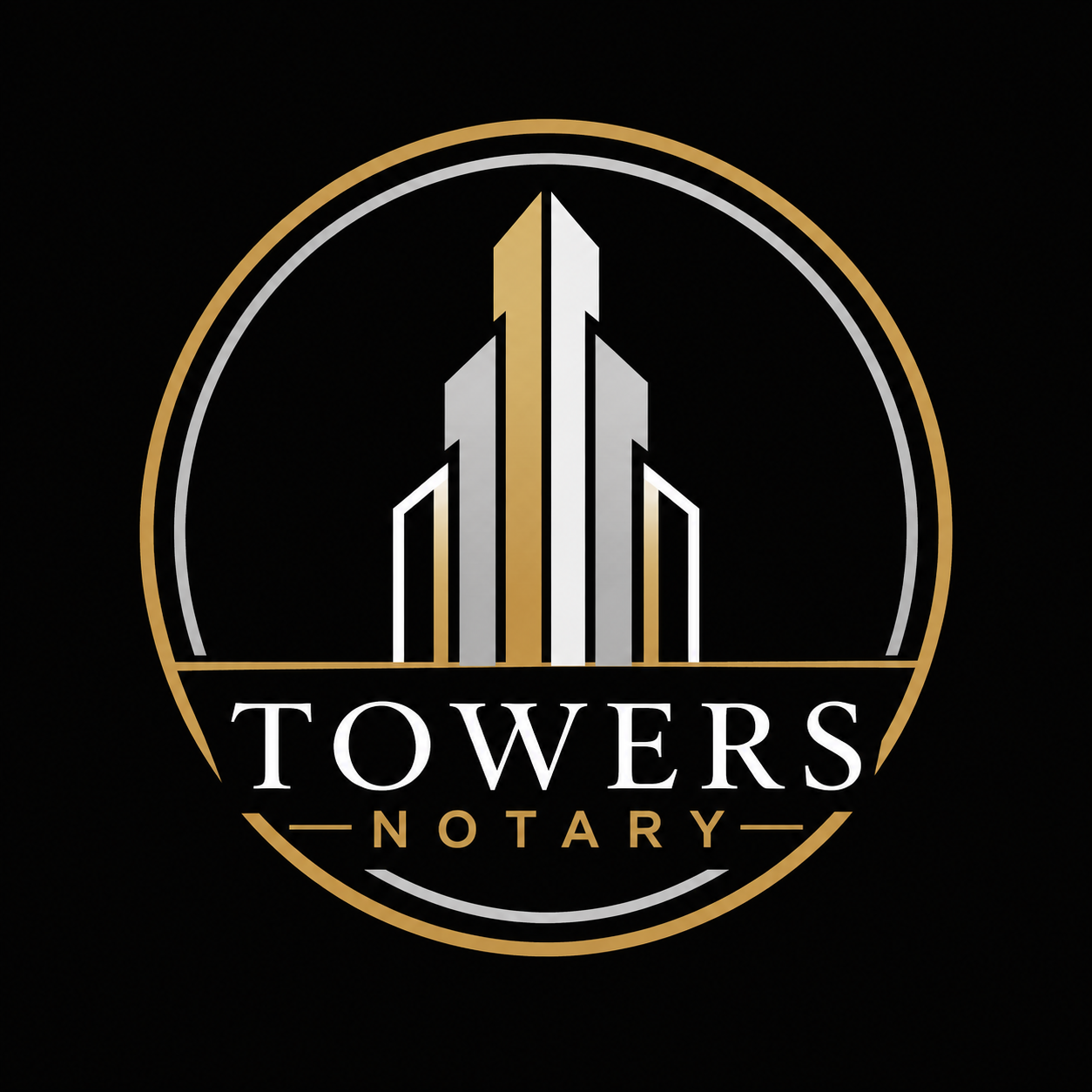 Logo featuring stylized building towers in gold and silver with the text 'Towers Notary' beneath, enclosed in a circular gold and white border on a black background.