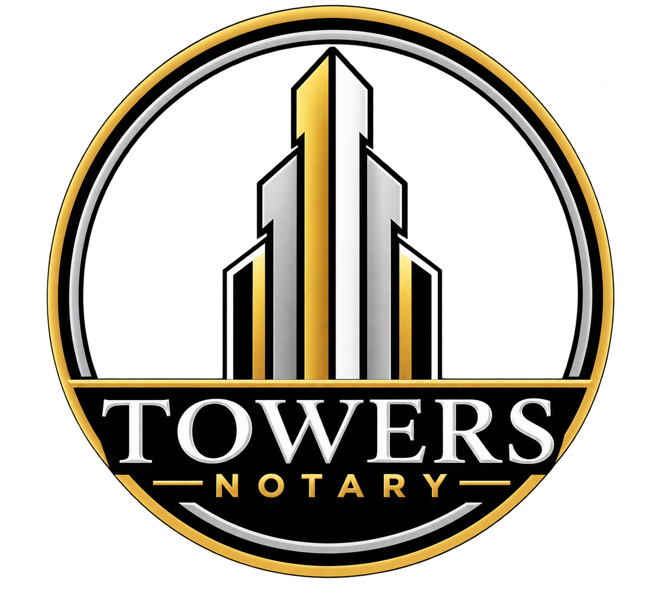 Logo for Towers Notary featuring stylized tall buildings in gold, black, white, and gray across a circular emblem with the text 'Towers Notary' at the bottom.