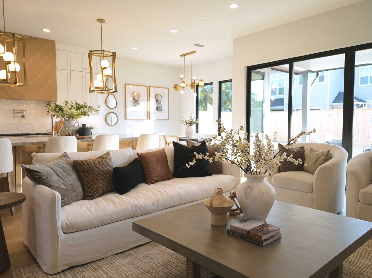 Living room with white sofa and pillows, coffee table with decorative vases and flowers, large sliding glass doors, dining area with pendant lights, and kitchen in background.