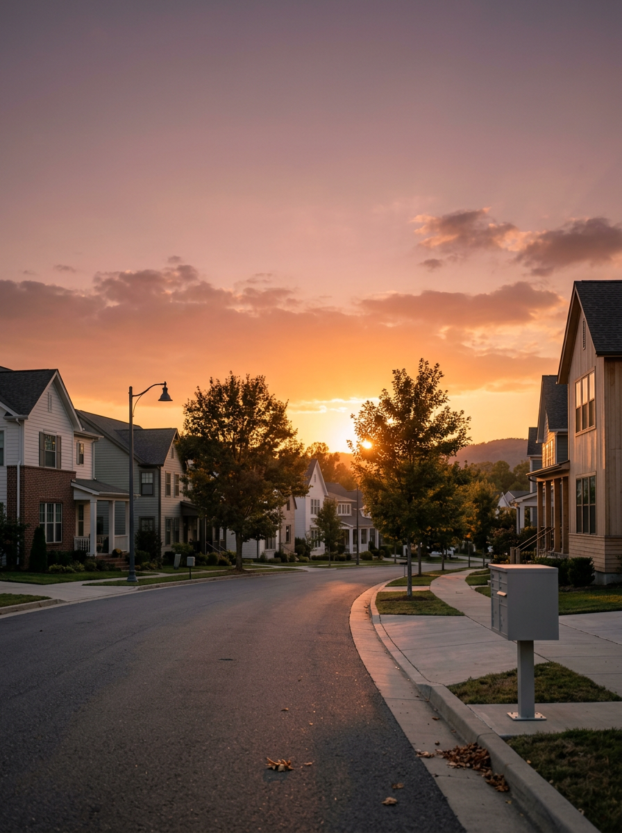 Quiet suburban street at sunset with trees, sidewalk, mailboxes, and houses.