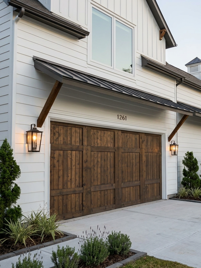 Front view of a modern house with a wooden garage door, outdoor wall lanterns, and landscaped plants in Houston