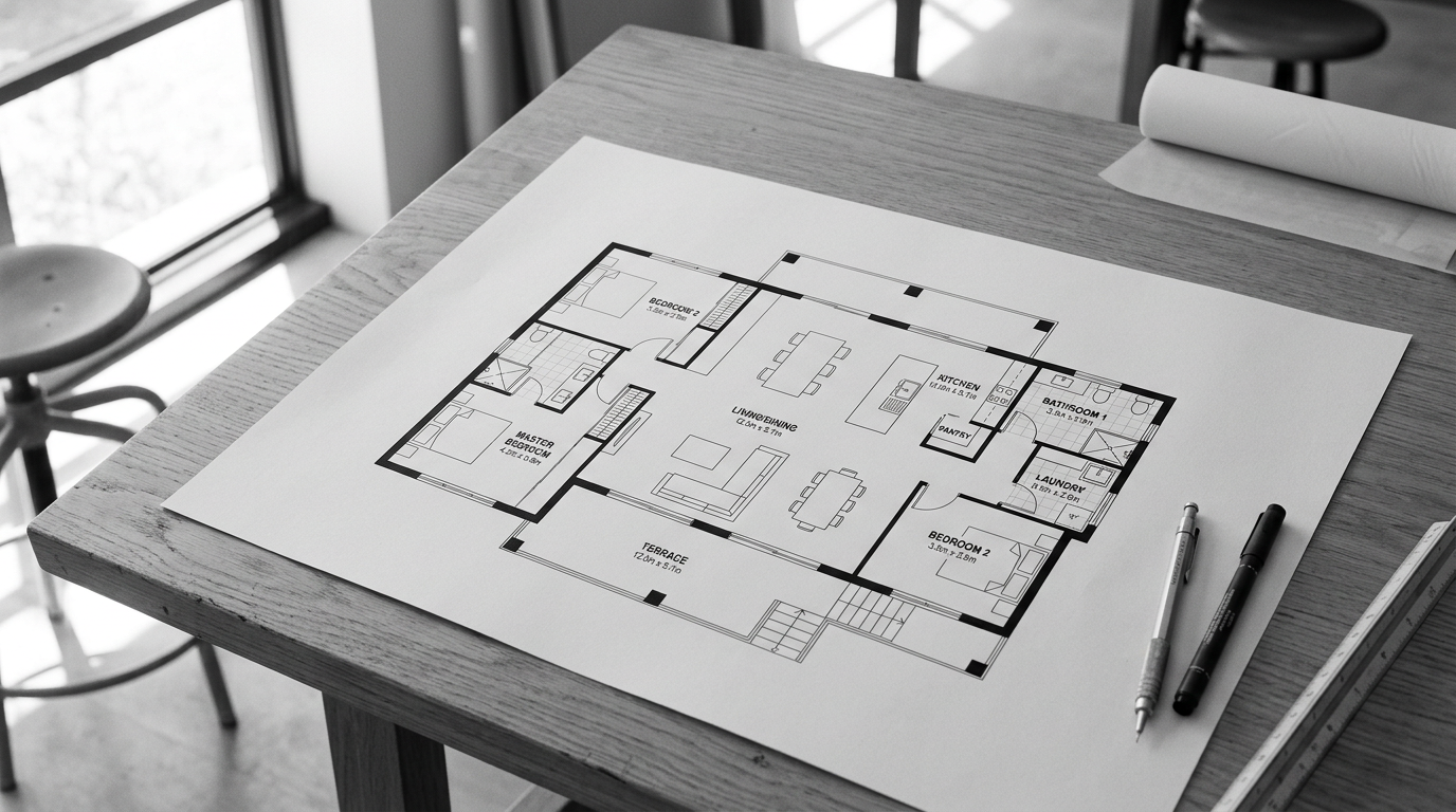 Floor plan of a house on a wooden table with pens and a ruler nearby, near a window with natural light.