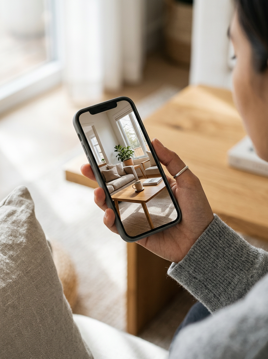 Person taking a photo of a living room with a smartphone, showing a couch, coffee table, and plant near the window.