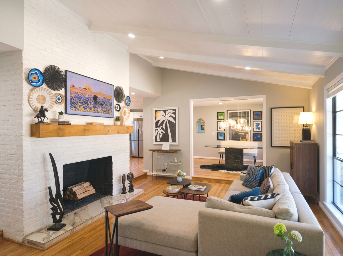 Living room with white brick fireplace, beige sectional sofa, and modern decor including wall art, a wooden mantel, and a sliding glass door.
