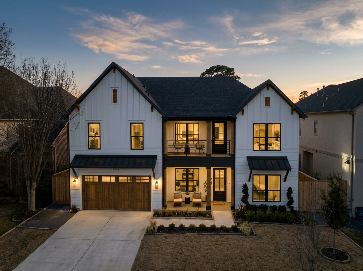 Modern two-story house with white exterior and black trim, illuminated interior, front porch with seating, and a two-car garage with wooden door, surrounded by landscaped yard at dusk in Houston