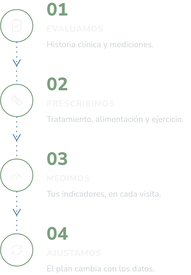 Diagrama vertical del método del Dr. Mario Luna: Evaluamos, Prescribimos, Medimos y Ajustamos, conectados por una línea de flujo con un ícono por paso.