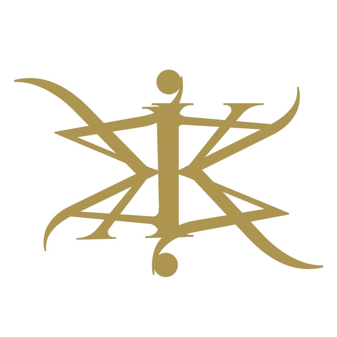 A gold abstract design resembling a symmetrical butterfly or insect with curved lines and circular elements.