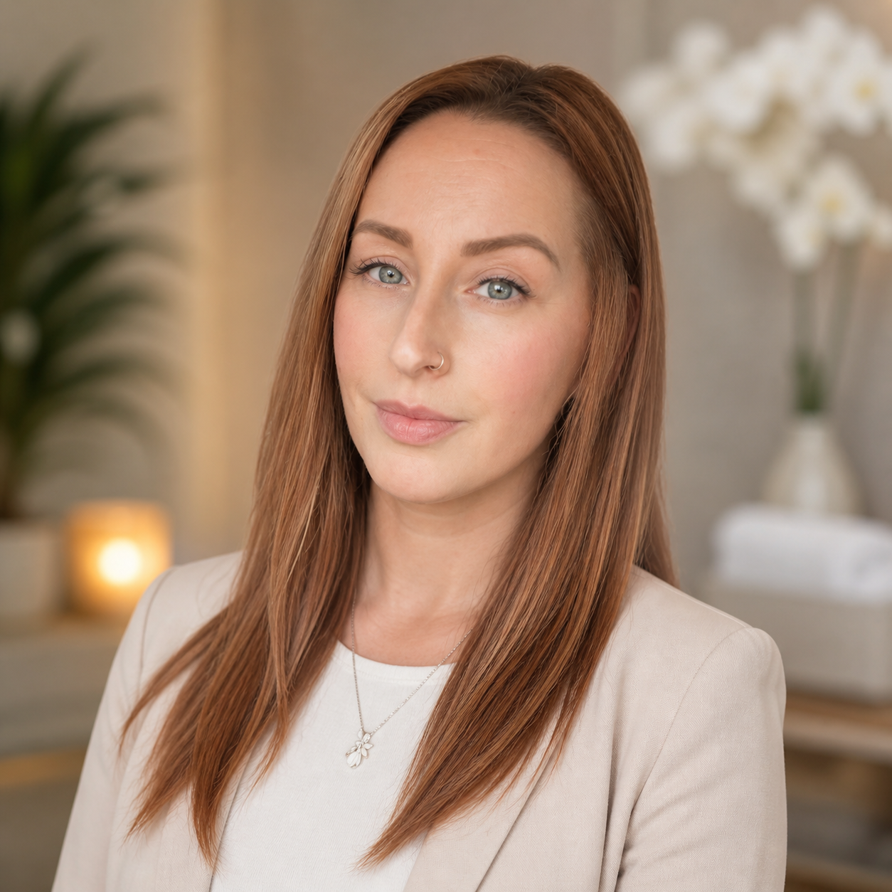 Young woman with red hair, blue eyes, and a nose ring smiling softly, wearing a white top and beige blazer, in a cozy, softly lit room with a candle, plants, and orchids in the background.