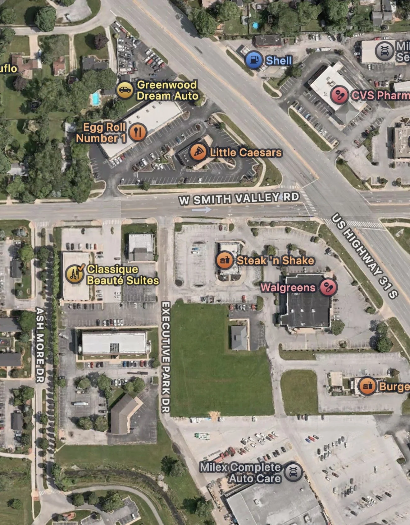 Aerial view of a commercial area with parking lots, streets, and several businesses including Shell gas station, CVS Pharmacy, Walgreens, Little Caesars, Burger King, and other shops. Residential houses and green spaces are visible around the perimeter.