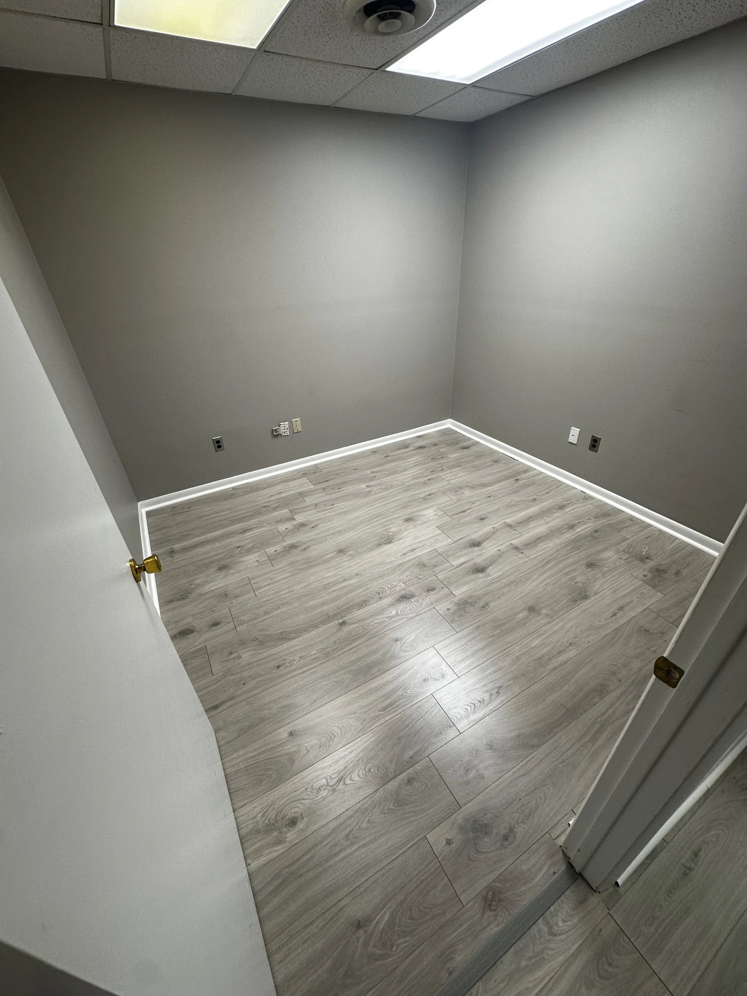 Empty room with gray walls, wood laminate flooring, ceiling panels with fluorescent lights, and multiple electrical outlets on the walls. Door partially open showing brass door handle.
