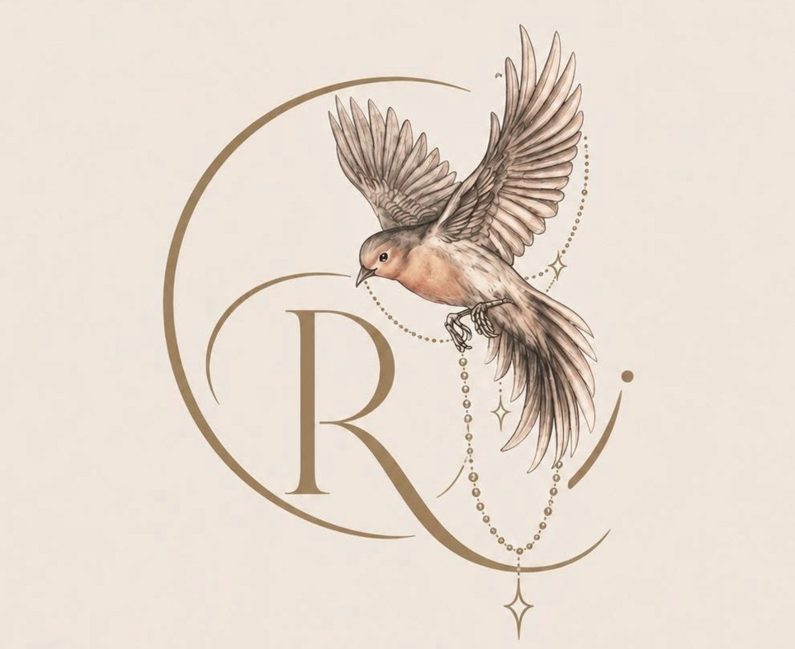 A digital illustration of a small bird with its wings spread, flying in front of a decorative letter 'R' with celestial and geometric accents on a beige background.