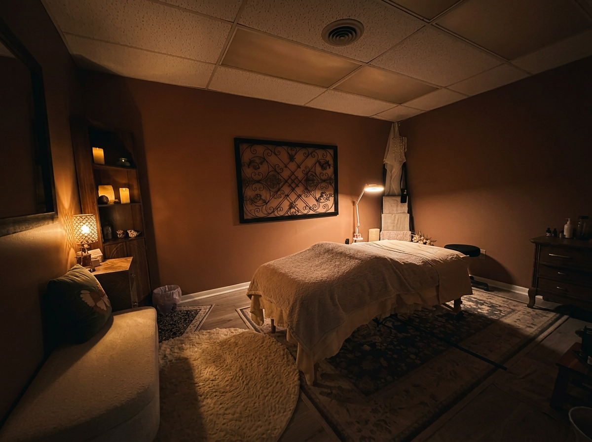 A dimly lit massage therapy room with a massage table in the center, covered with a white sheet. There is a wall-mounted lamp providing soft lighting on the right side of the table. The room features warm-colored walls, a decorative metal wall art piece, and a shelf with candles. A small stool and a dresser are also visible.