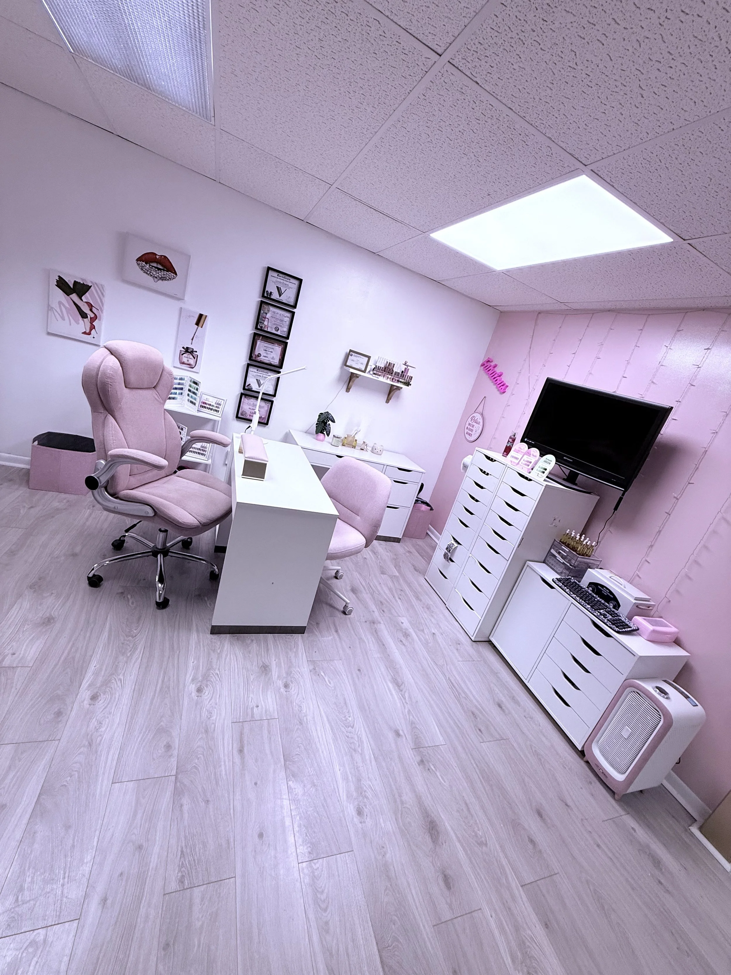 A pink-colored office or beauty salon with a desk, office chair, wall decorations, a television, shelves, and a pink-themed interior.