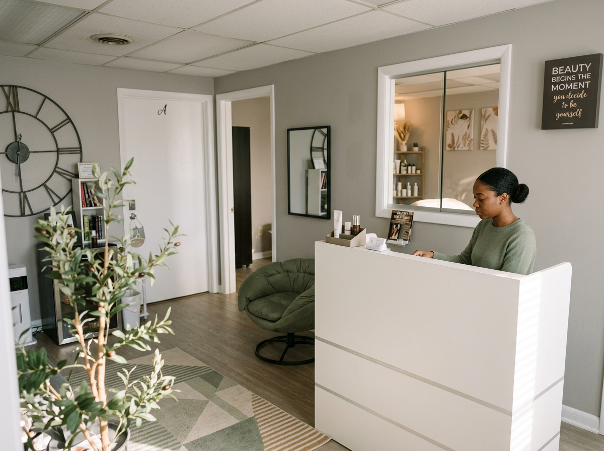 A woman is standing at a reception desk in a reception area, which includes a chair, artwork, and a decorative clock on the wall. There are books and plants in the room, and a mirror reflects the interior of a room beyond the reception area.
