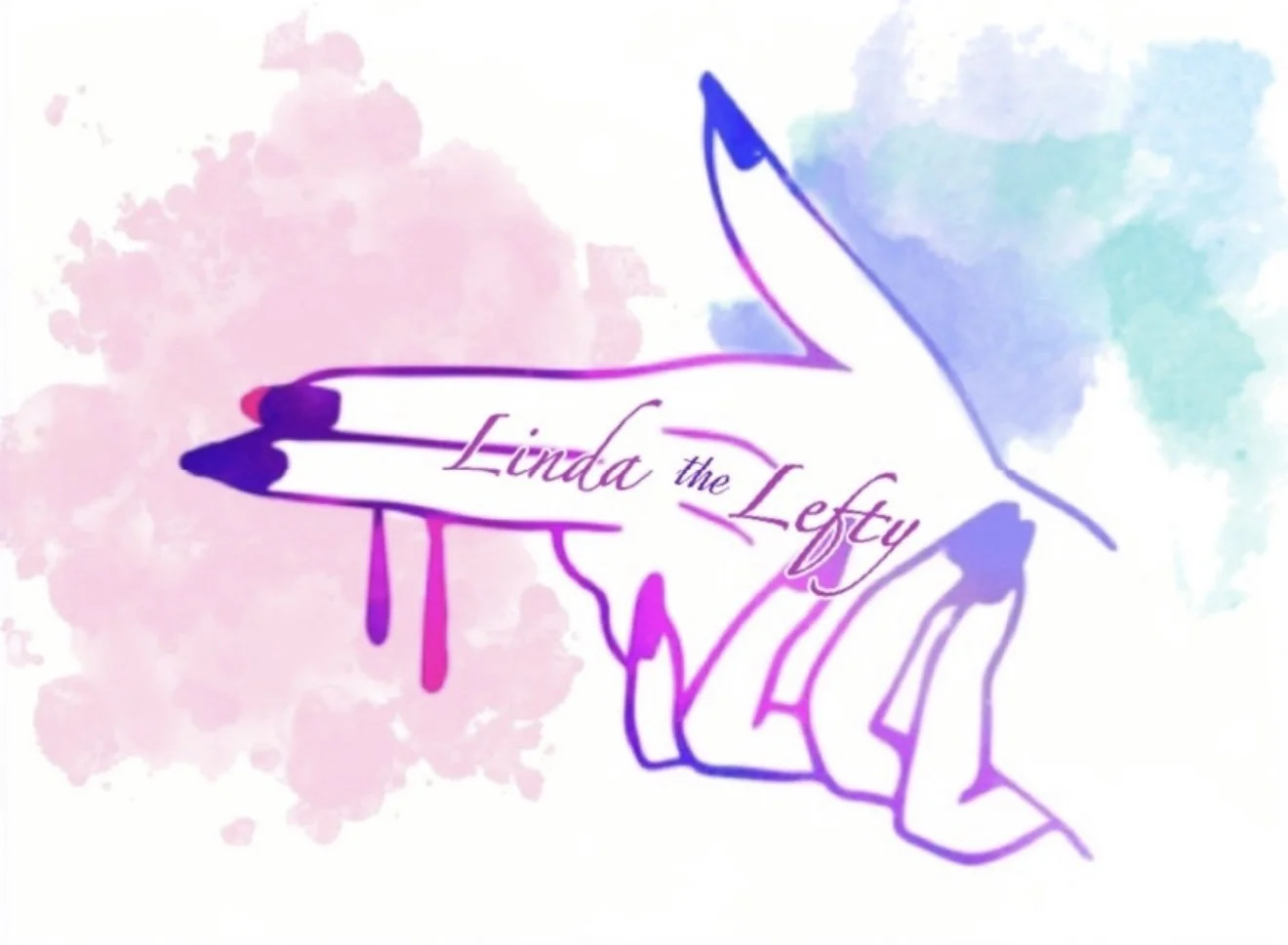 An outline drawing of a hand holding a lipstick, with the words "Linda the Lefty" written across the hand. The background features pastel watercolor splashes in pink, blue, and purple.