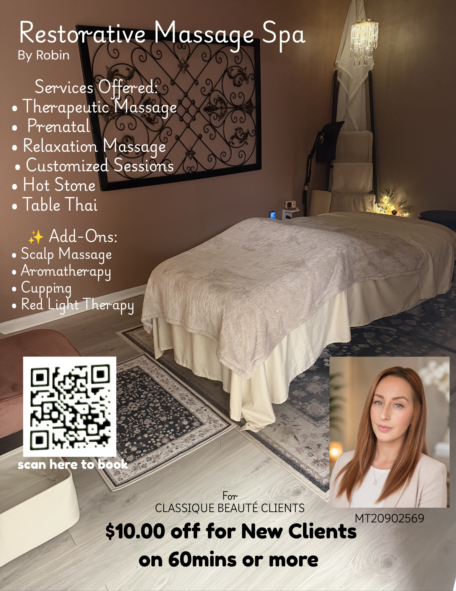 A promotional flyer for a restorative massage spa, showing a massage table with a beige cover in a softly lit room. The flyer contains service descriptions, a QR code for booking, and a discount offer for new clients. There is a partial outside corner of an oriental-style screen and a woman with long reddish hair and blue eyes in the bottom right corner.