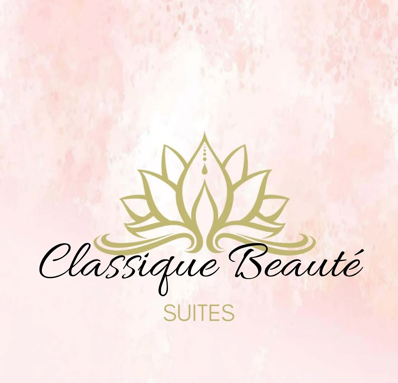 Logo for Classique Beauté Suites featuring a stylized lotus flower and water. The background is soft pink with a watercolor texture.