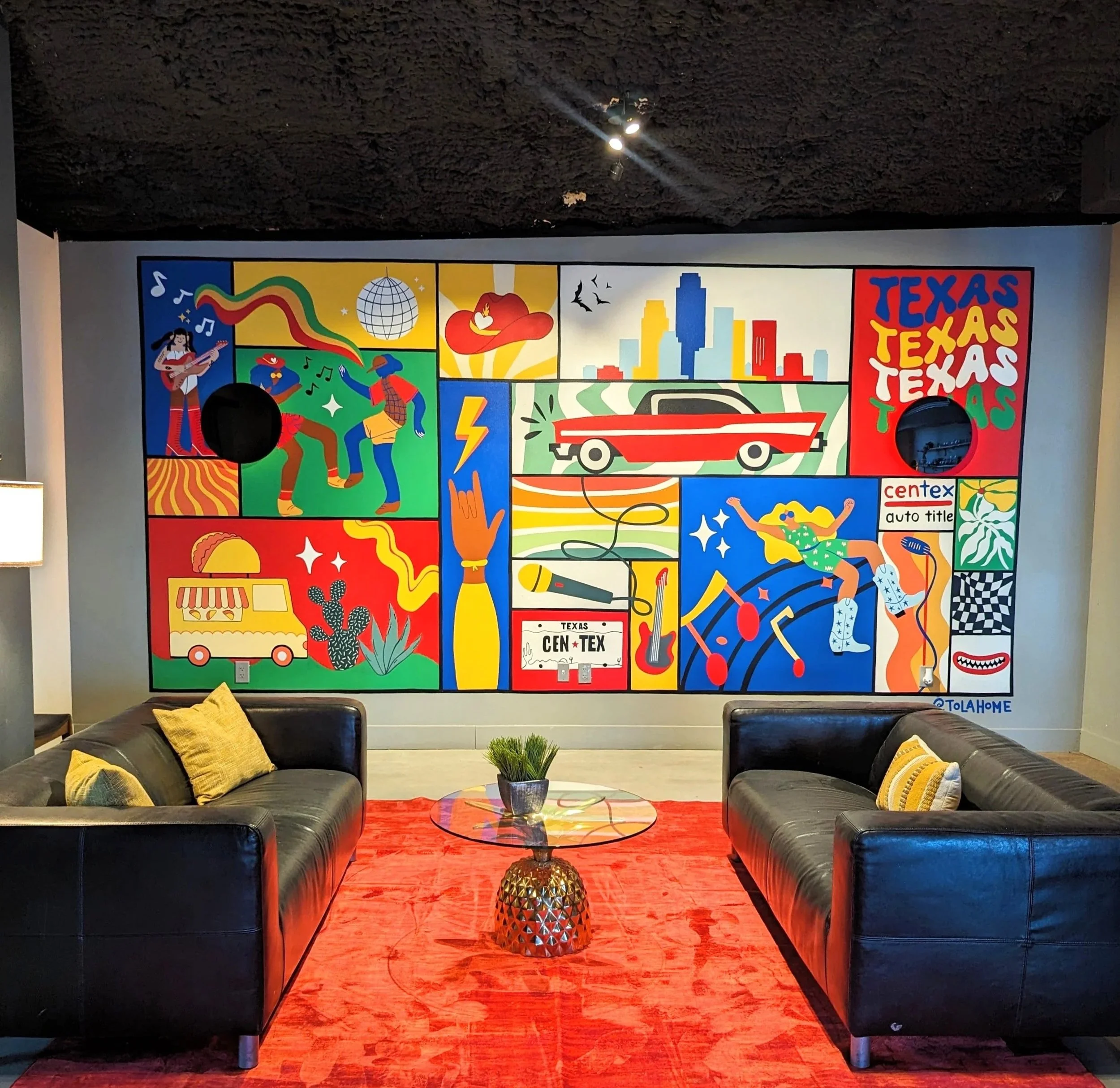 Centex Auto Title office mural in Austin featuring colorful Texas-inspired artwork and colorful, figurative scenes.