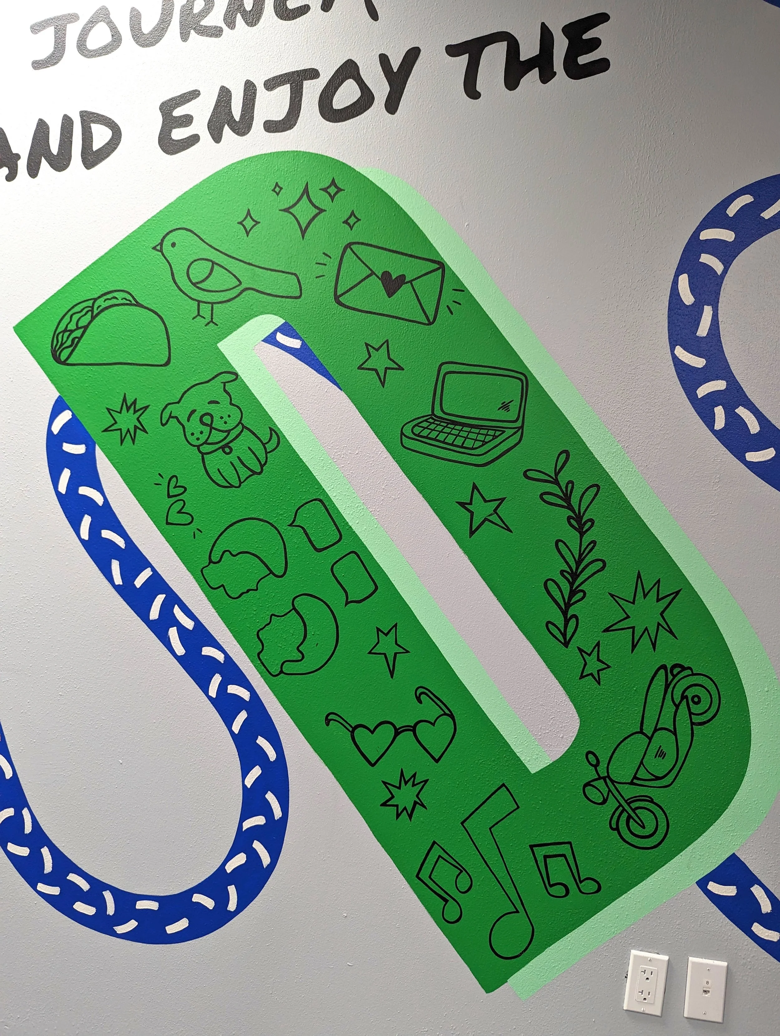 Centex Auto Title office mural in Austin featuring hand-drawn illustrations of Texas imagery, food, music, and lifestyle icons.