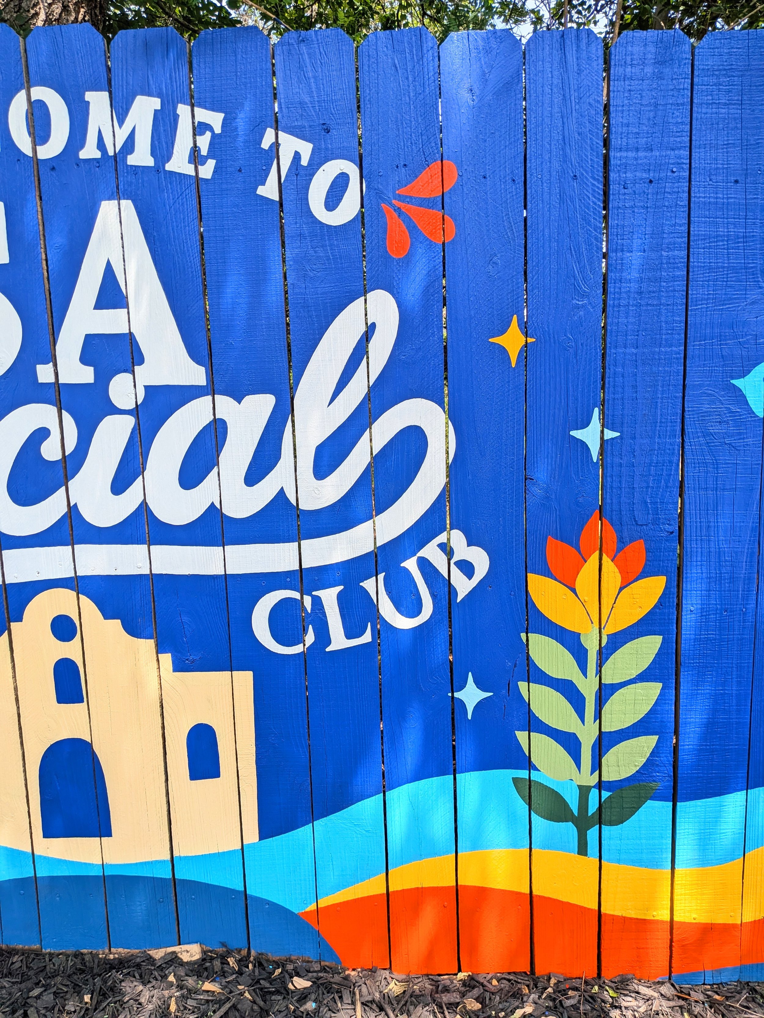 SA Social Club mural in San Antonio featuring colorful flowers, birds, stars, and Texas-inspired artwork.