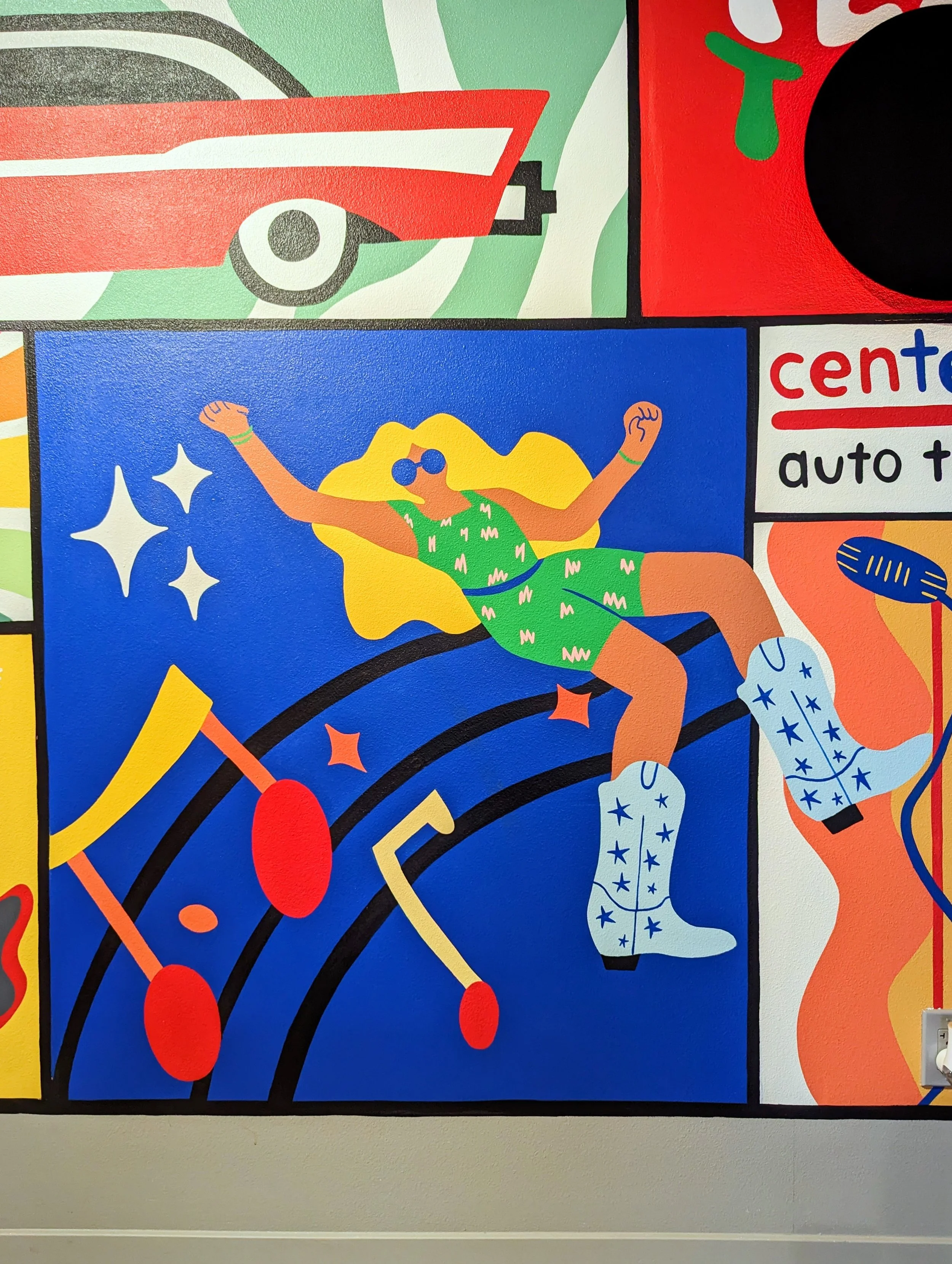 Centex Auto Title office mural in Austin featuring colorful Texas-inspired illustrations and hand-painted graphic details.