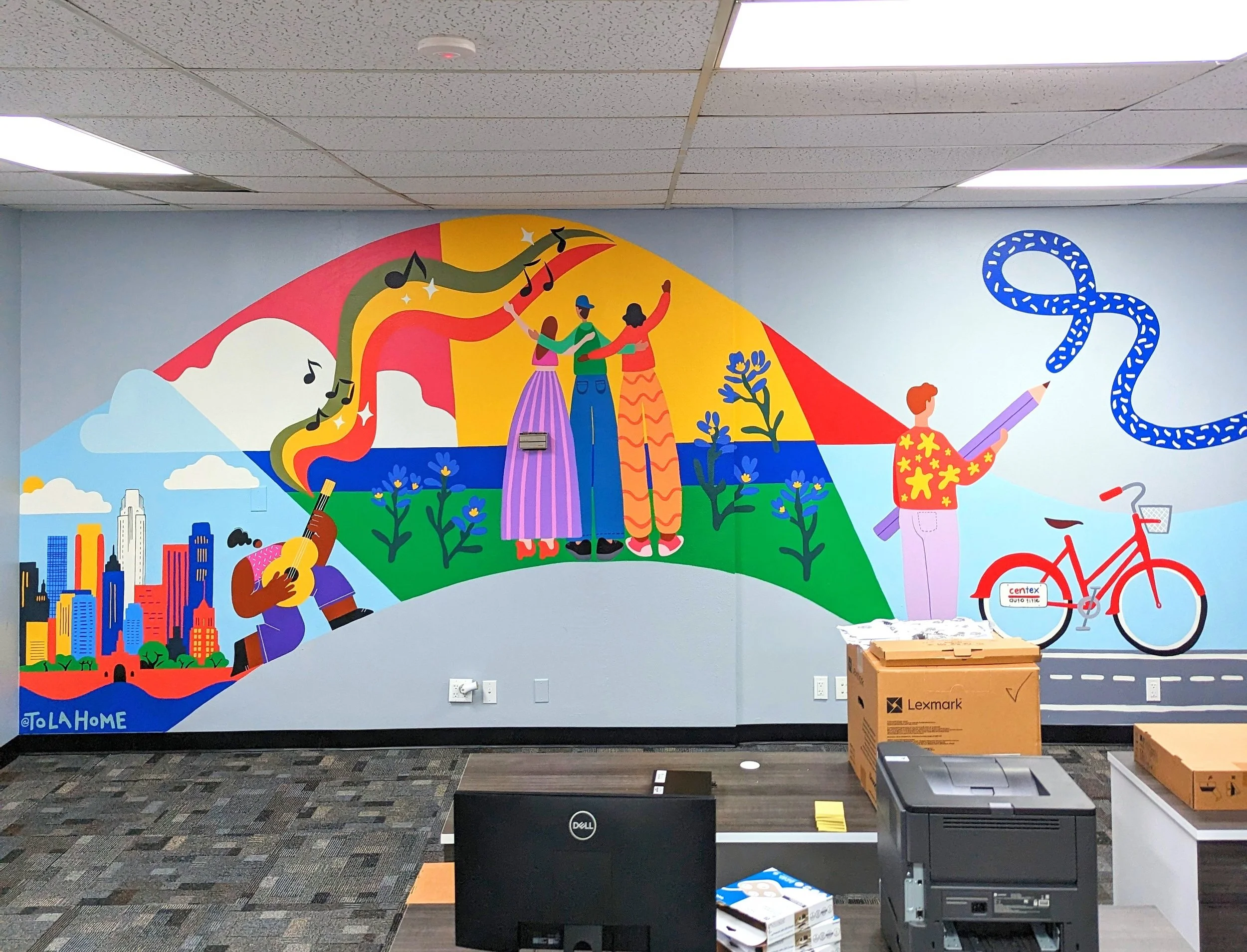 Centex Auto Title office mural in Austin featuring colorful Texas-inspired scenes, people, music, and city imagery.