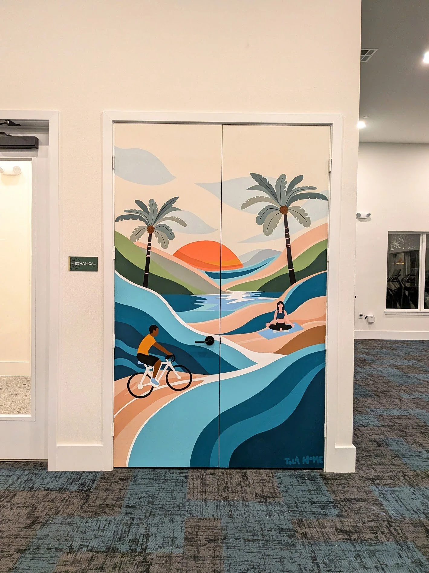 San Antonio apartment community fitness center mural featuring a tropical landscape, palm trees, and colorful abstract waves.