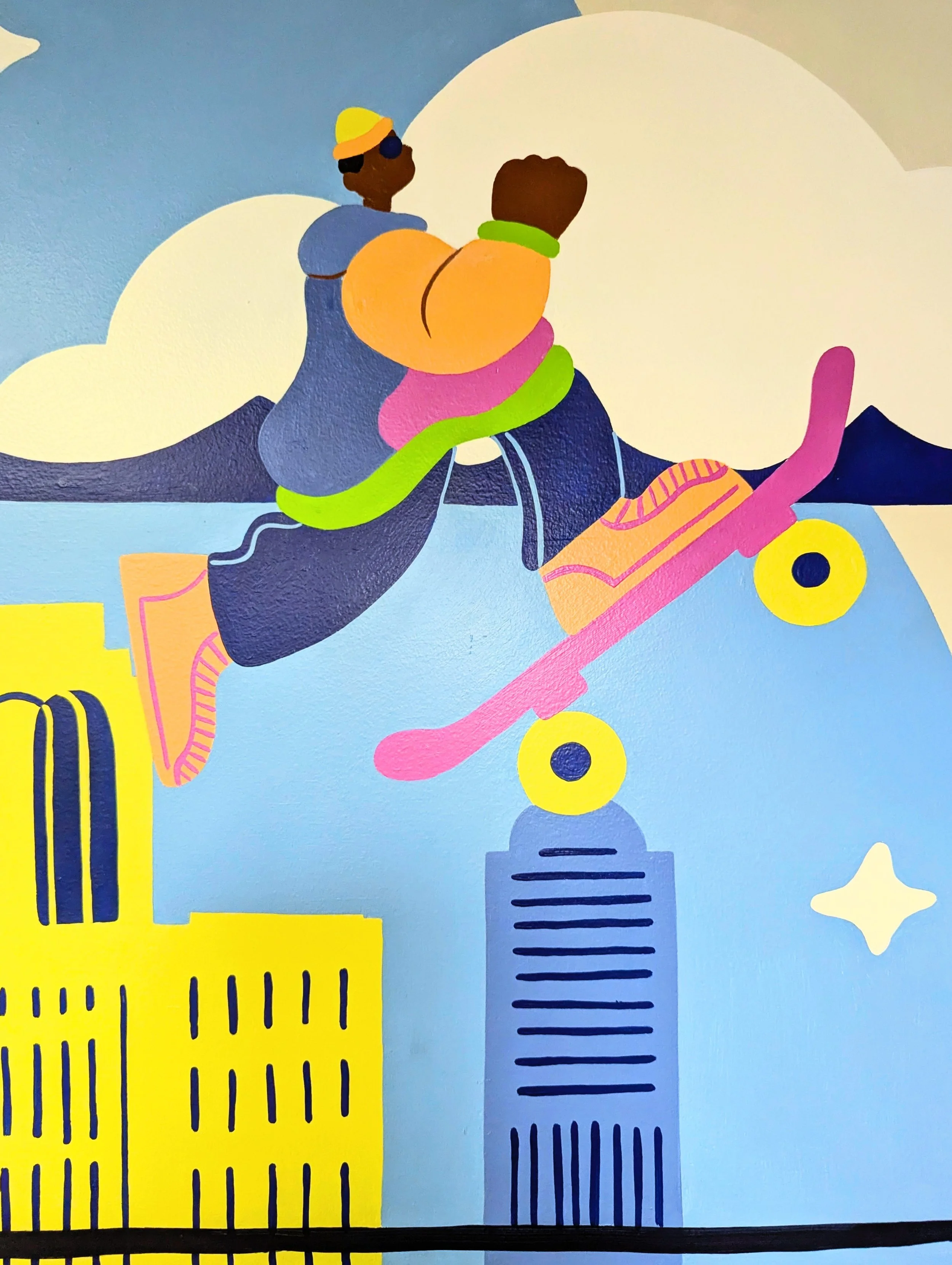 LogicMonitor office mural in downtown Austin featuring a colorful skateboarder, Austin downtown skyline, and the company's brand colors.