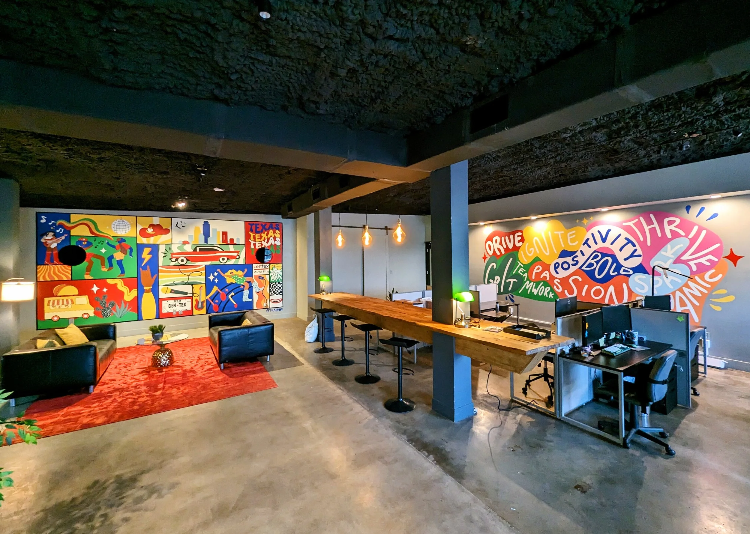 Centex Auto Title office mural in Austin featuring colorful Texas-inspired artwork and colorful, figurative scenes.