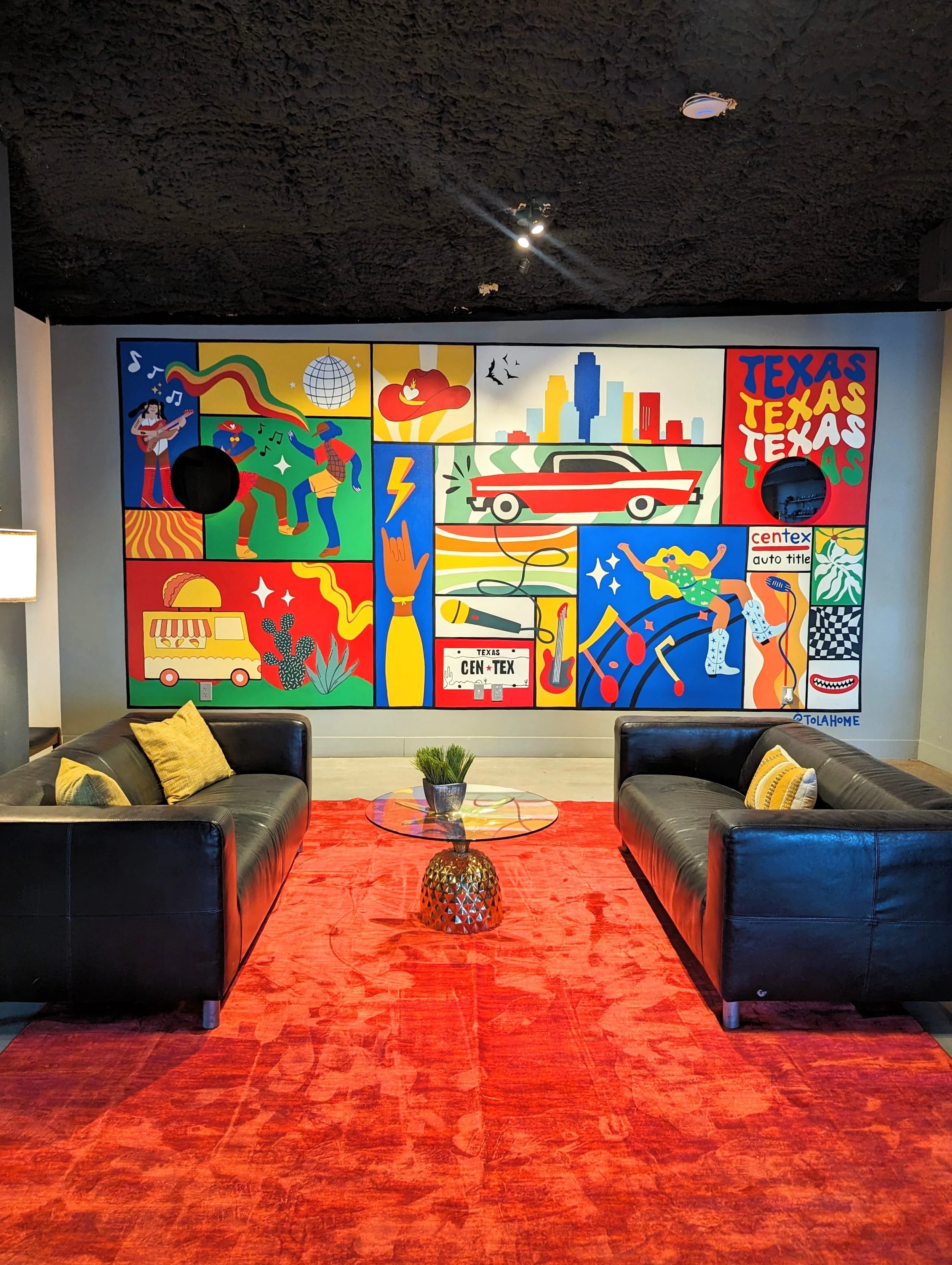 Centex Auto Title office mural in Austin featuring colorful Texas-inspired artwork and colorful, figurative scenes.