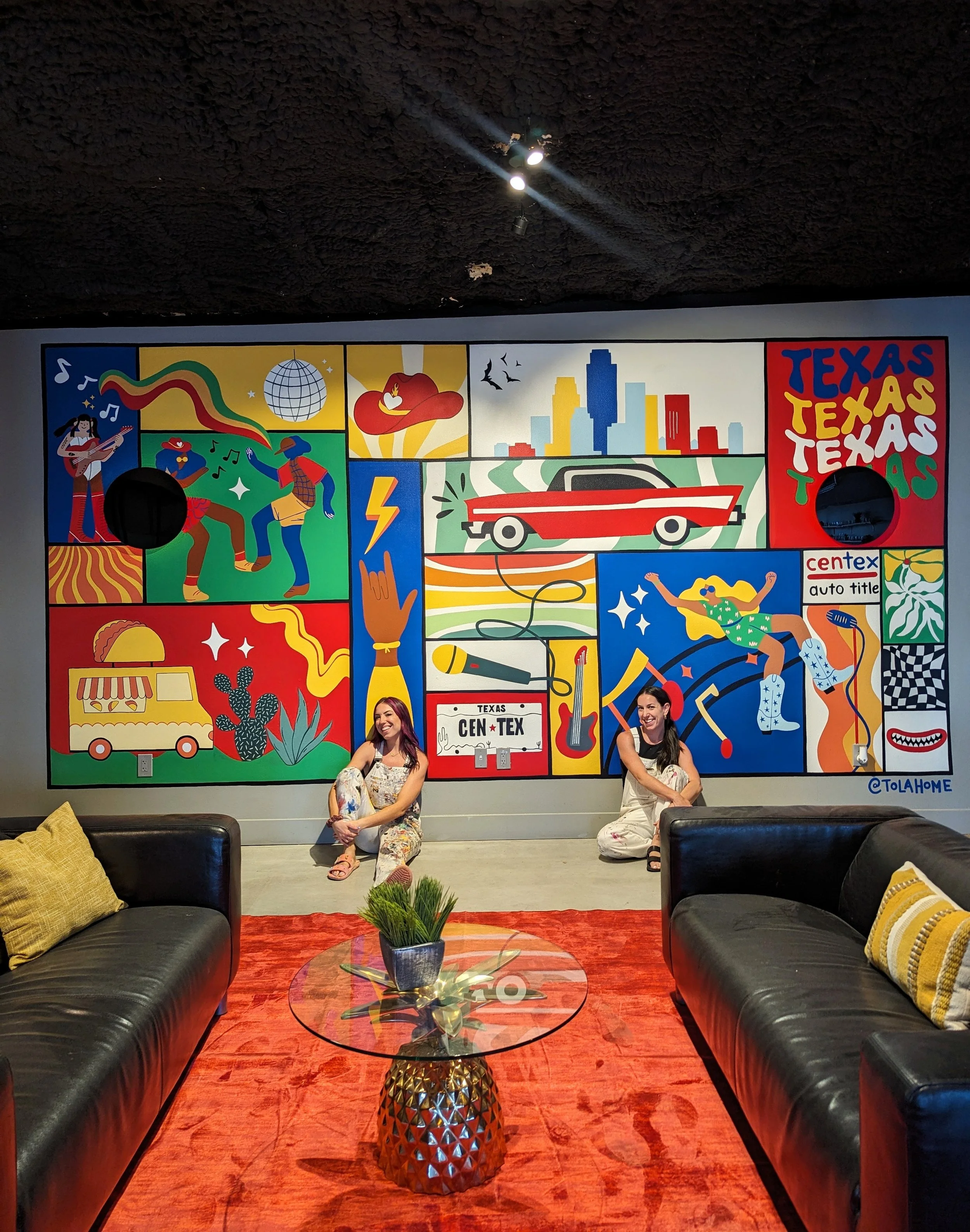 Centex Auto Title office mural in Austin featuring colorful Texas-inspired artwork and colorful, figurative scenes.